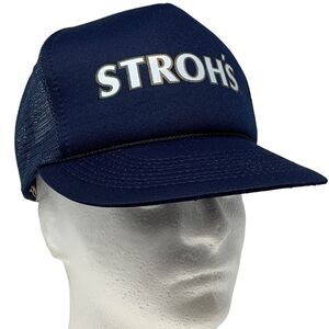 Vintage Strohs Beer Trucker Hat Baseball Cap 80s 90s Brewery Blue Mesh Snapback